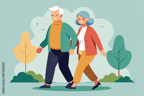 Senior couple walking in the park with a pet, outdoor leisure and animal care vector illustration