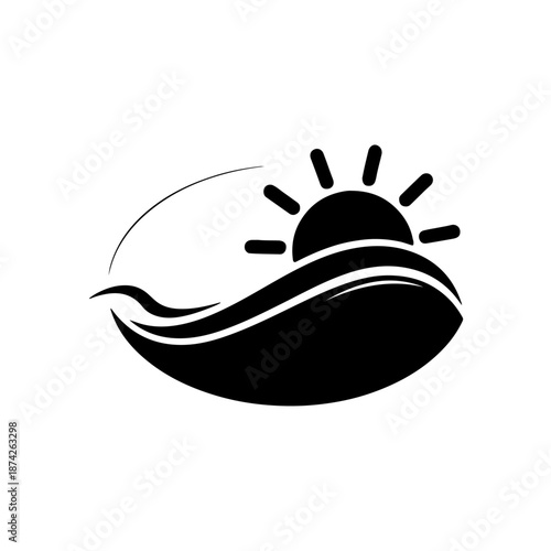 A simple and elegant black and white illustration featuring a sun rising over a wave. The sun is depicted with bold rays, and the wave has a smooth, flowing design.