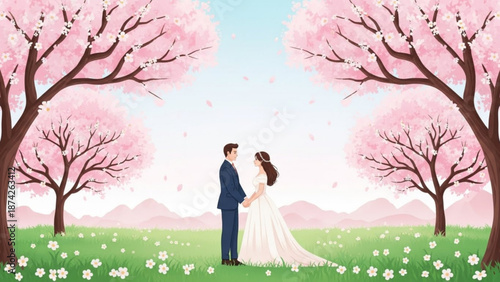 Bride and groom holding hands under blooming cherry blossom trees in a spring landscape romantic wedding illustration for invitations and cards