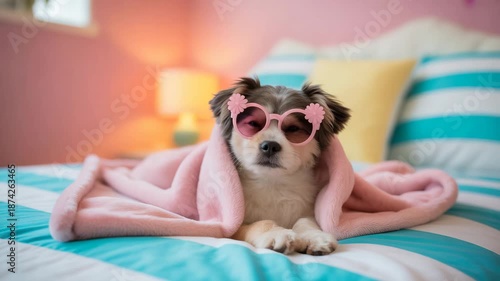 Cute dog in pink sunglasses and blanket on bed