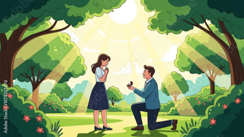 Man proposing marriage to woman in a park with engagement ring romantic scene with sunbeams and lush greenery illustration for love and relationship concepts
