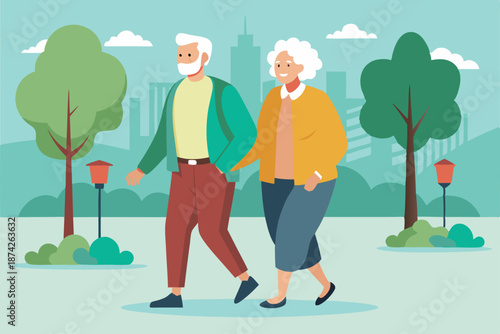 Happy Elderly Couple Walking in the Garden, Vector Graphic of Senior Man and Woman Enjoying Retirement Leisure and Companionship