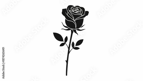 A single black silhouette of a rose with leaves and stem.