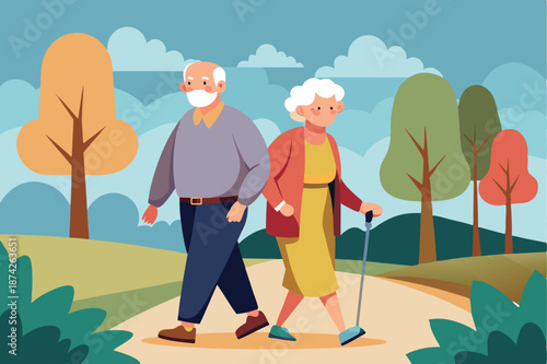 Healthy Senior Couple Strolling Outdoors, Concept of Active Aging and Romantic Relationship for Retired People Flat Vector Design