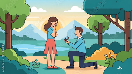Man proposing to woman with engagement ring in a park romantic outdoor scene with trees mountains and lake illustration for love and relationship concepts