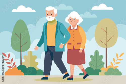 Loving Senior Couple Walking in Public Park, Vector Illustration Representing Social Connection and Active Living for Aging Populations