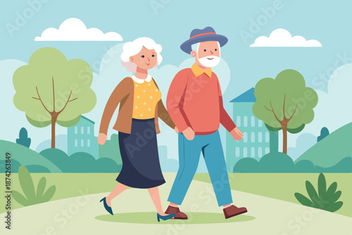 Elderly Husband and Wife Walking for Fitness, Vector Illustration for Senior Health Insurance and Active Retirement Themes