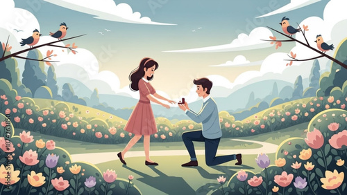 Couples romantic marriage proposal in a blooming spring meadow a man on one knee offering a ring to his partner surrounded by flowers and birds