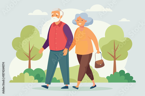 Elderly Couple Strolling Together for Exercise, Vector Art of Retired Man and Woman Living an Active and Balanced Lifestyle
