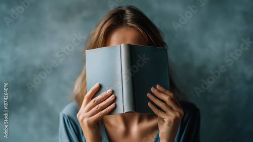 Woman reading a book covering her face with calm and introspective mood, ai generated