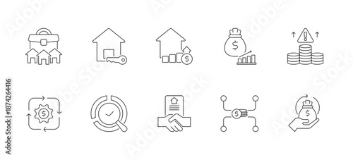 Property investment icon set with editable lines. Real estate risk, growth, profit, and financial growth analysis icons for business presentations, financial dashboards, property apps, and UI designs.