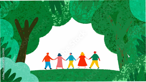 A group of people holding hands walks towards a bright open space in a forest