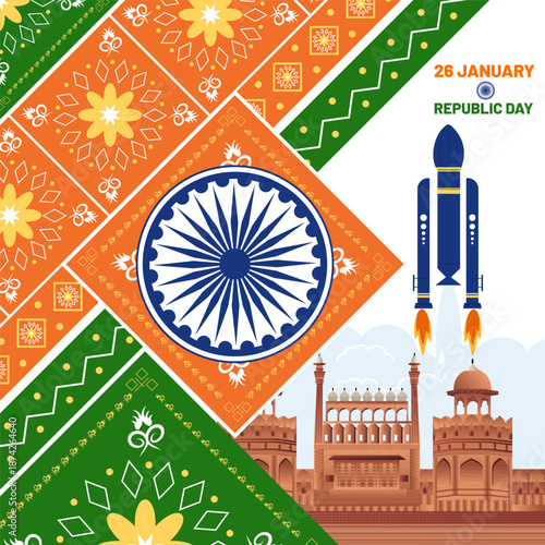 Traditional creative vector illustration on 26 January Happy Republic day of India with tricolor flag, red fort.