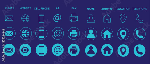 Contact information icon for business card. Containing name, address, map pin, globe, e-mail, location, website, fax, phone call at symbol. Silhouette and outline circle style. Vector illustration.