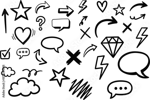 A collection of various black and white icons and symbols transparent background png