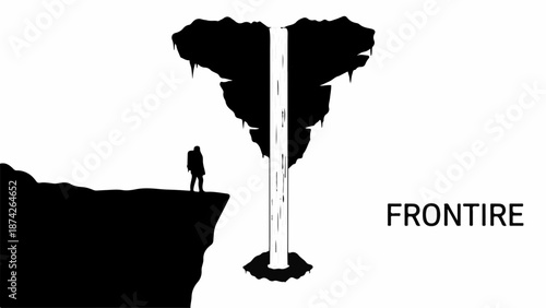 Adventurer stands at the edge of a cliff, overlooking a vast underground waterfall.