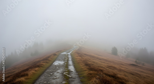An elevated, narrow dirt path winds upward through autumn-colored grasslands and into a thick, misty fog, with scattered evergreens