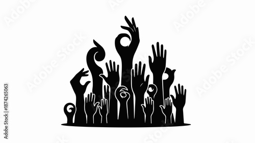 Diverse hands reaching upwards in unity and hope, symbolizing teamwork and aspiration.