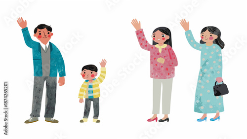 A cheerful family of four waving with rosy cheeks in a cartoon style