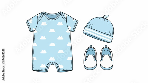 Baby boy clothing set with romper hat and shoes.