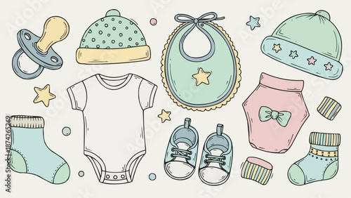 Baby clothes and accessories collection illustration.