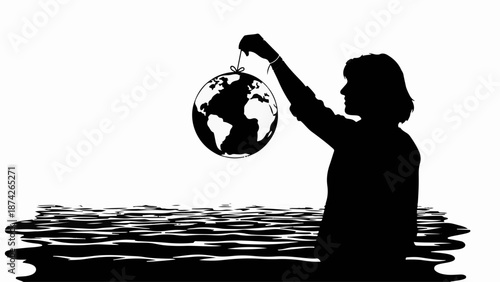 Silhouette of a person holding the Earth over rippling water, symbolizing environmental responsibility.