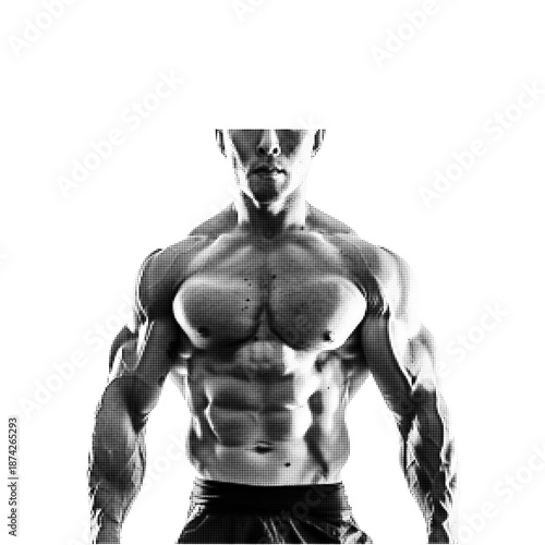 Halftone illustration of a muscular male torso isolated on white background. Fitness and anatomy concept for strength training, exercise, health, and human body study.