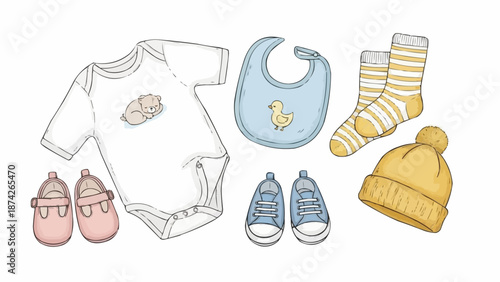 Baby clothes and accessories laid out for a newborn child.