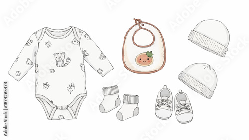 Baby Clothes and Accessories Hand Drawn Sketch.