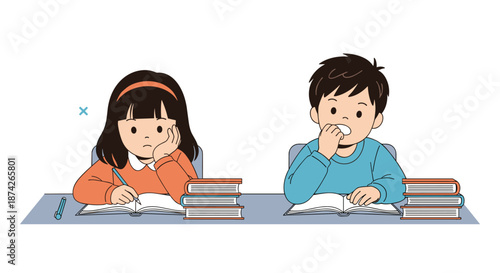 Two young students sitting at their desks studying with stacks of books, depicting a classroom environment and educational concentration.