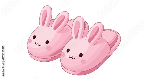 Pair of cute and cozy pink bunny slippers with adorable faces and long ears, soft footwear for relaxing at home in a charming vector style.