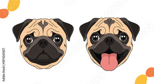 Two detailed pug dog faces showing different expressions, one with a neutral look and the other smiling with its tongue hanging out.
