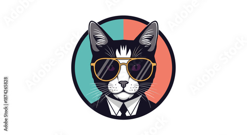 Stylish black and white cat character wearing a formal suit and gold aviator sunglasses, cool pet avatar on a colorful circular background.