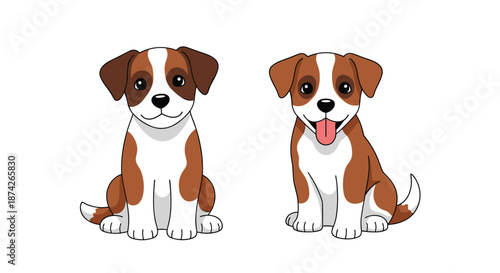 Pair of friendly brown and white puppies sitting side by side, one with a happy smile and the other with its tongue out for pet shop decor.