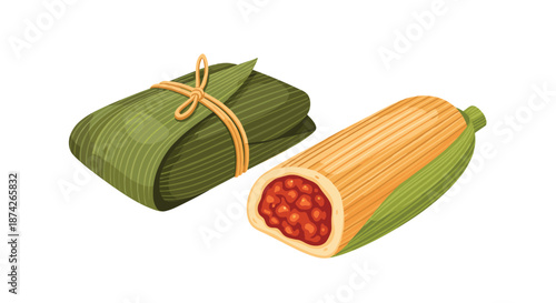 Traditional mexican tamales wrapped in green corn husks and sliced to reveal the savory meat filling inside, authentic latin food illustration.