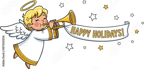 Cartoon Angel Blowing Trumpet Happy Holidays.
