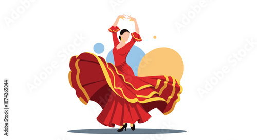 Graceful flamenco dancer in a vibrant red ruffled dress performing a traditional spanish dance on a background with colorful circles.