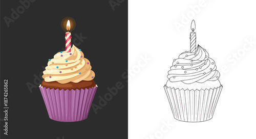 Comparison of a chocolate birthday cupcake with pink frosting and a candle in full color alongside its black and white line art version.