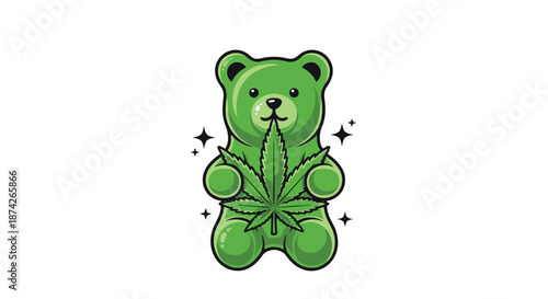 Green gummy bear character holding a cannabis leaf with sparkling stars, fun illustration for medical marijuana or candy shop branding.