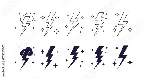 Comprehensive set of lightning and storm cloud icons in both outline and solid styles for weather apps and meteorological design projects.