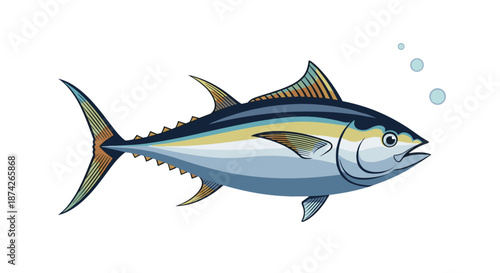 Large tuna fish swimming in clear water with tiny bubbles, realistic commercial fishing illustration for seafood market or restaurant menu.