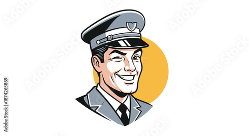 Retro style pilot or captain character in a grey uniform winking and smiling, vintage comic book aesthetic for aviation related designs.