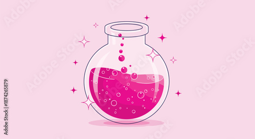 Magic potion bottle filled with bubbling pink liquid and surrounded by sparkling stars, fantasy themed vessel on a soft lavender background.