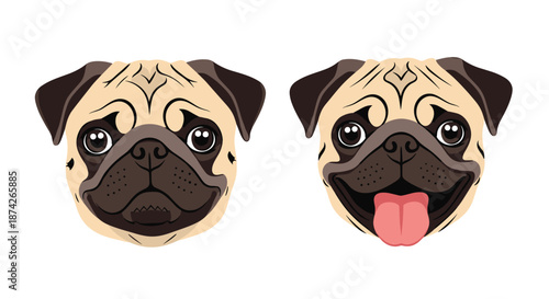 Detailed pug dog heads showing two different expressions, one calm and the other happy with its tongue out for canine themed design work.