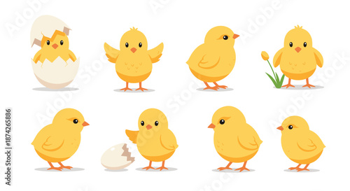 Collection of cute yellow baby chicks in various poses including hatching from an egg and standing by a flower, adorable spring clip art.