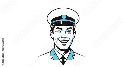 Vintage style ship captain or aviator character in a blue uniform winking, classic retro illustration for travel and adventure branding.