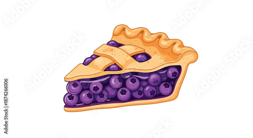 Slice of freshly baked blueberry pie with a golden lattice crust showing a thick layer of dark blue berry filling.