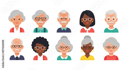 Diverse group of elderly people avatars representing different ethnicities and styles including glasses and various hairstyles in a flat design.