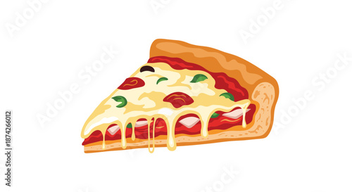 Delicious slice of pizza with melting cheese and various toppings like pepperoni and peppers on a thick golden brown crust.