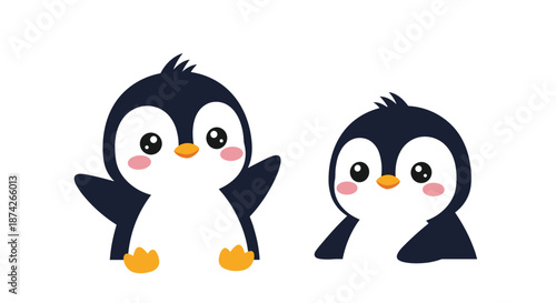 Two cute cartoon penguins with round bodies and expressive eyes standing and waving in a simple children's illustration style.